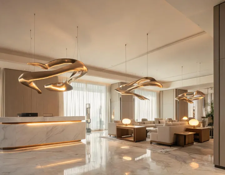 Tom Dixon pendants illuminating a refined hospitality interior